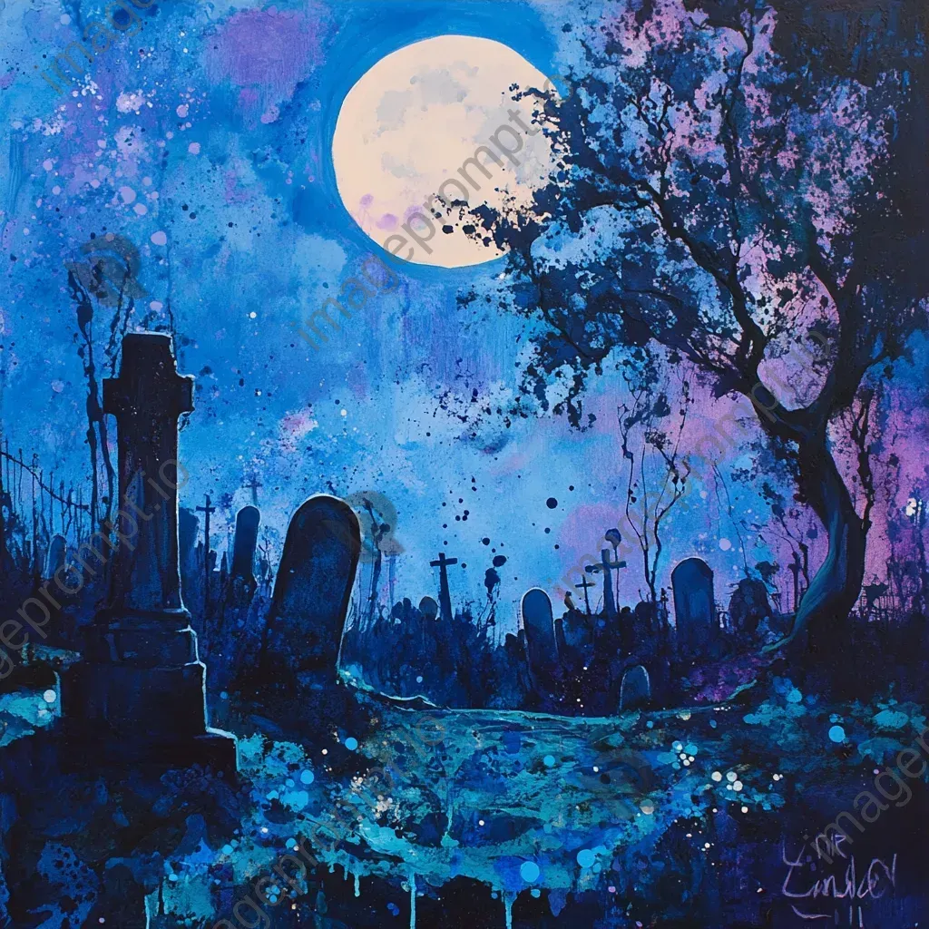 Acrylic splattering painting of an eerie lunar eclipse over a deserted graveyard with deep blues and purples - Image 3