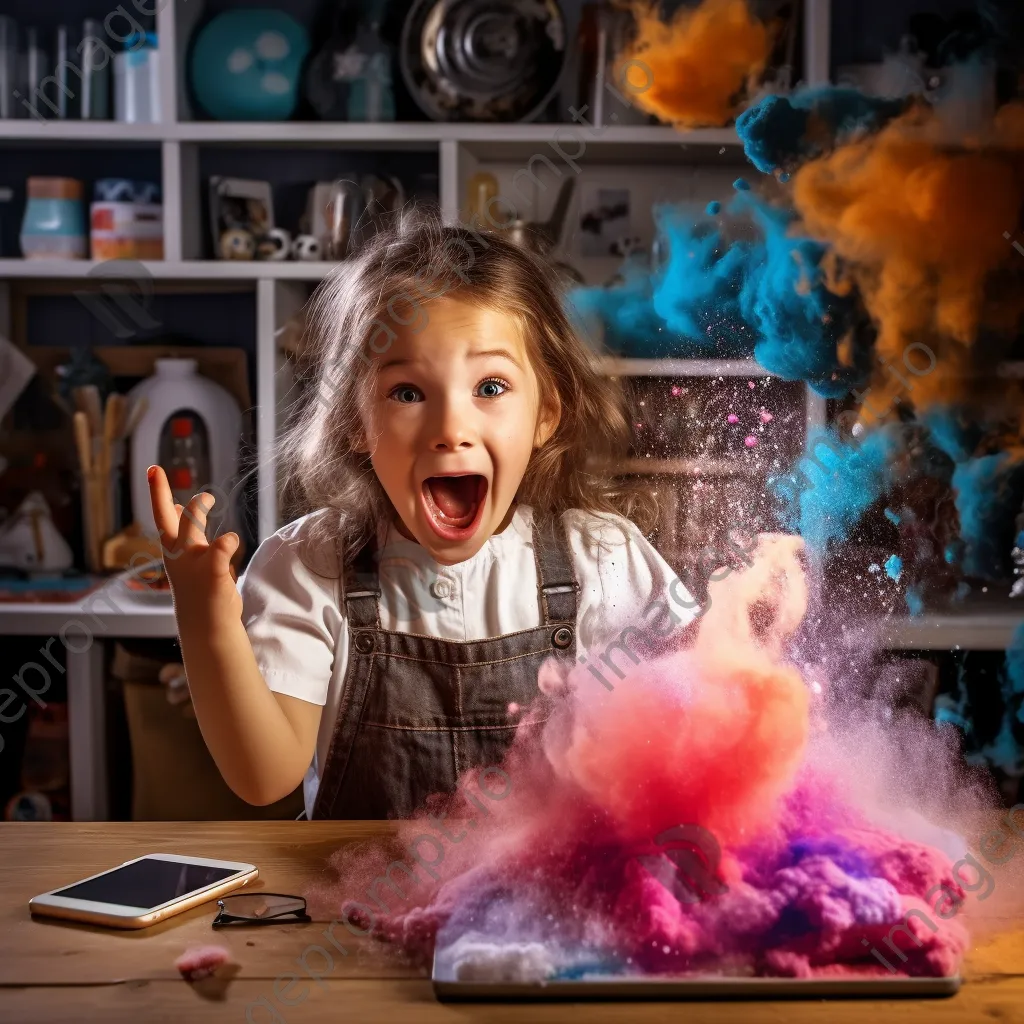 Excited girl watching a baking soda and vinegar volcano eruption. - Image 1