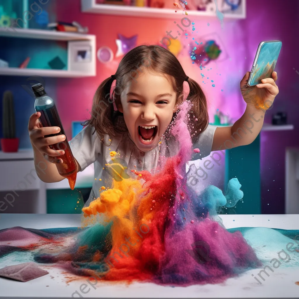 Excited girl watching a baking soda and vinegar volcano eruption. - Image 3