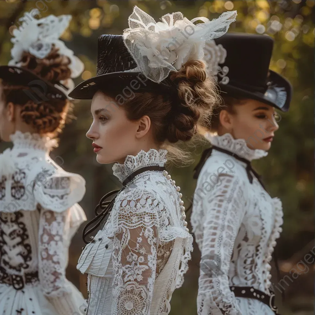 Victorian era fashion lace dresses and top hats - Image 3