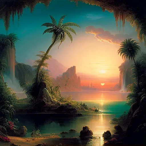 Scenic view of a tropical island at sunrise with palm trees and turquoise waters - Image 1