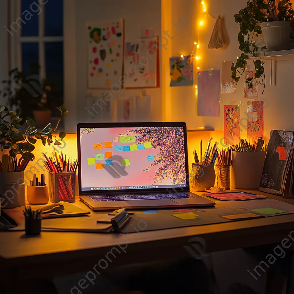 Colorful desk with laptop and art supplies in warm light - Image 2