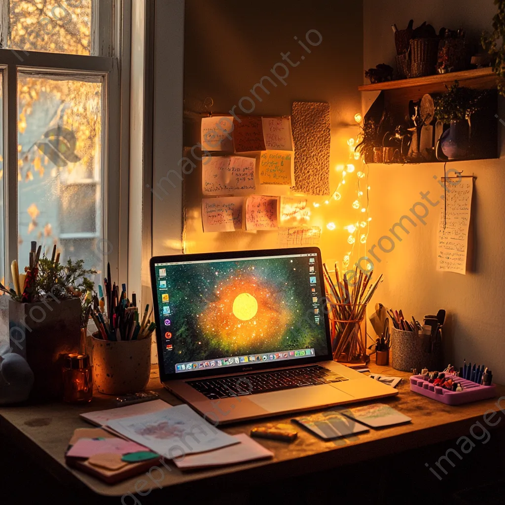 Colorful desk with laptop and art supplies in warm light - Image 3