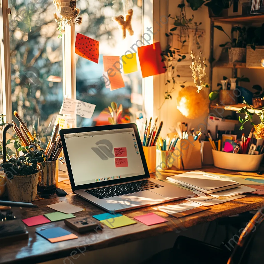 Colorful desk with laptop and art supplies in warm light - Image 4