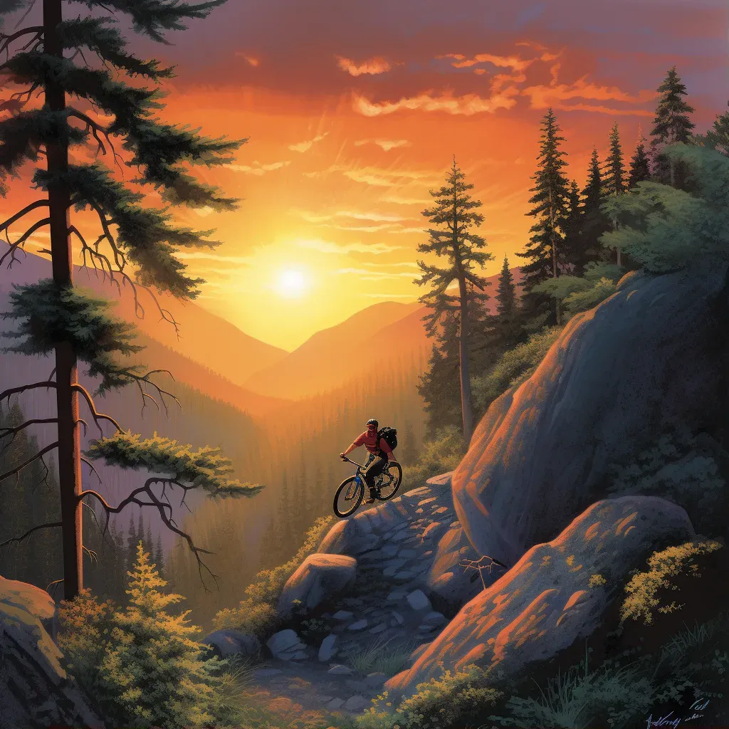 Daring cyclist riding down rocky trail with forest and vibrant sunset - Image 1