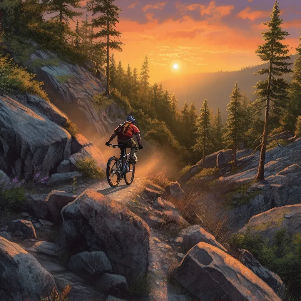 Daring cyclist riding down rocky trail with forest and vibrant sunset - Image 2