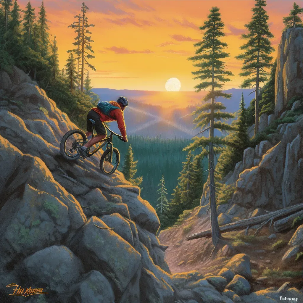 Daring cyclist riding down rocky trail with forest and vibrant sunset - Image 3