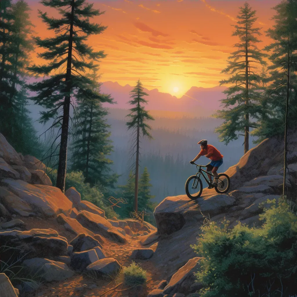 Daring cyclist riding down rocky trail with forest and vibrant sunset - Image 4