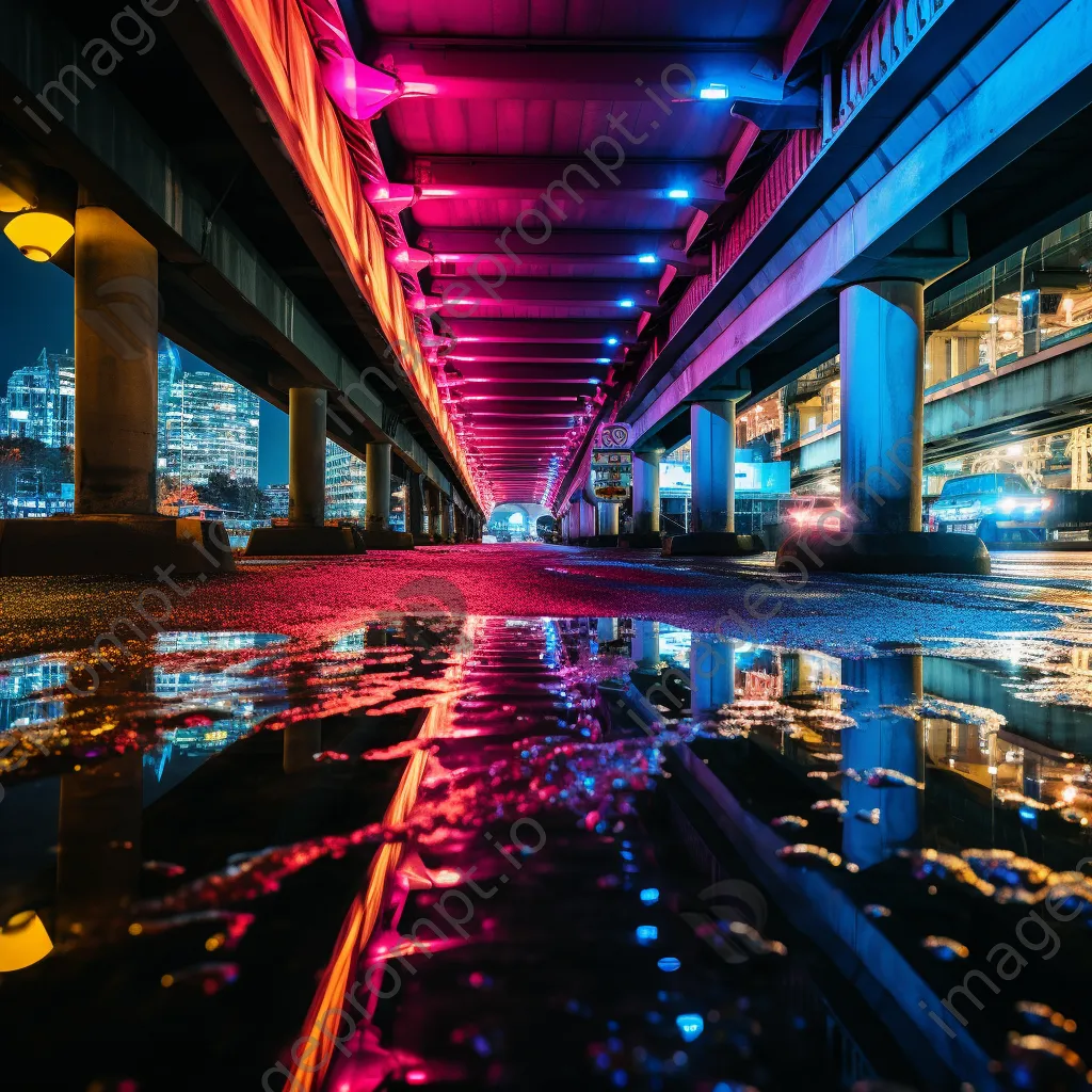 Neon-lit bridge with reflections on water - Image 1