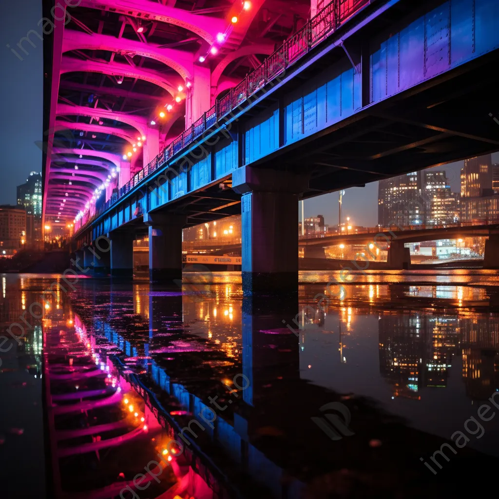 Neon-lit bridge with reflections on water - Image 3