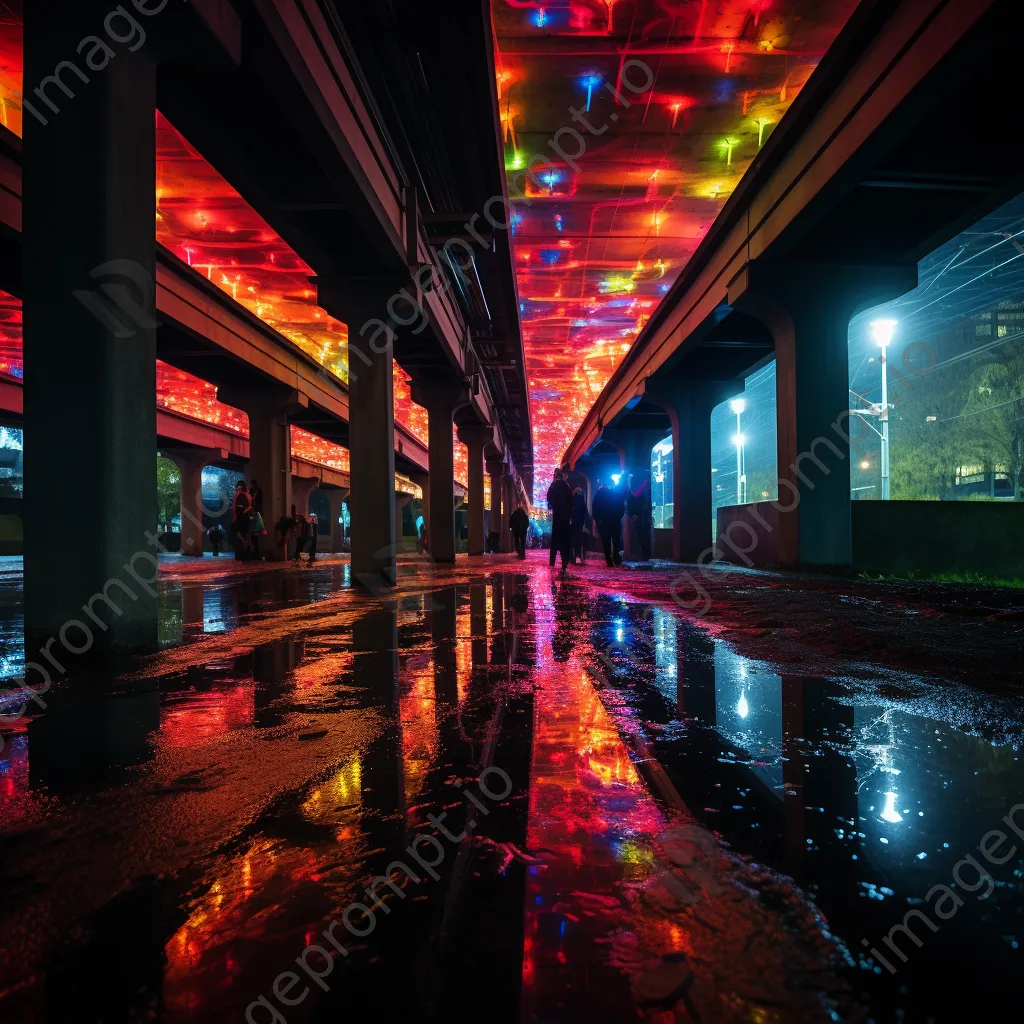 Neon-lit bridge with reflections on water - Image 4