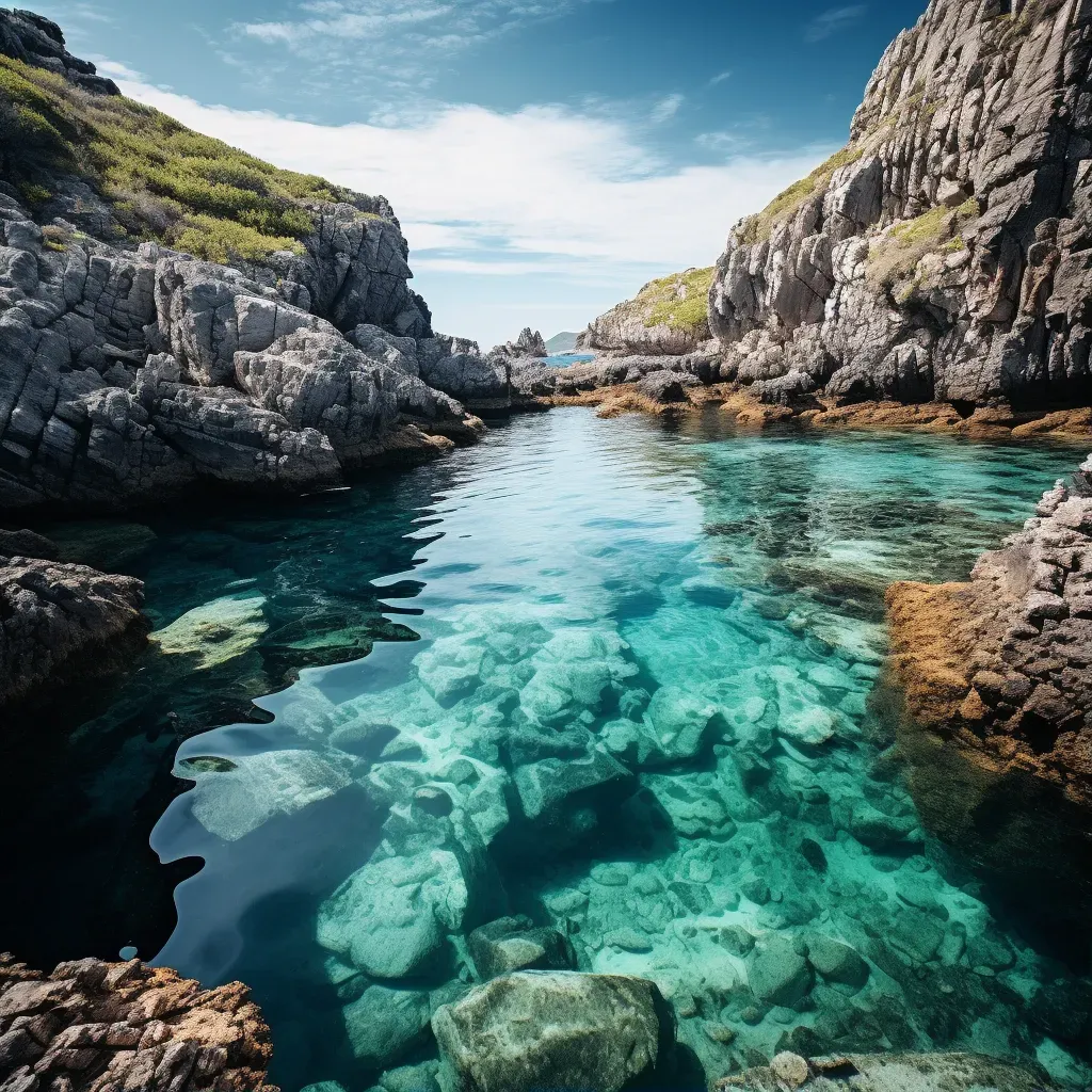 Image of a secluded lagoon with clear turquoise water surrounded by rugged rocky landscapes - Image 1