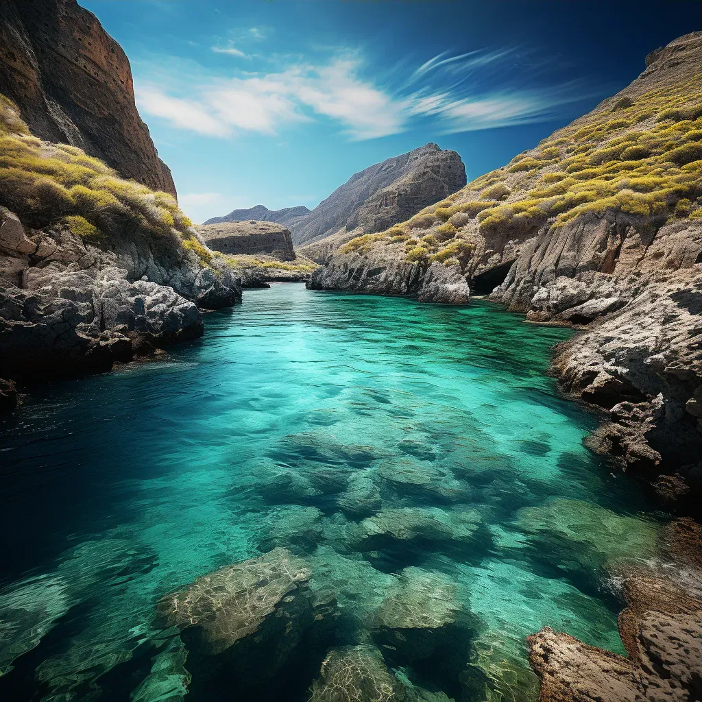 Image of a secluded lagoon with clear turquoise water surrounded by rugged rocky landscapes - Image 3