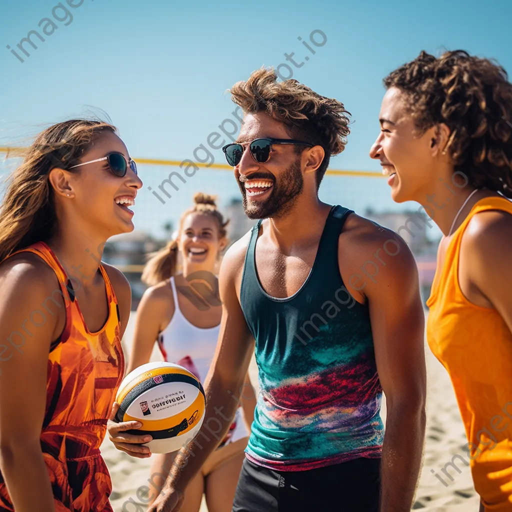 Diverse group of friends playing beach volleyball under the bright summer sun. - Image 1