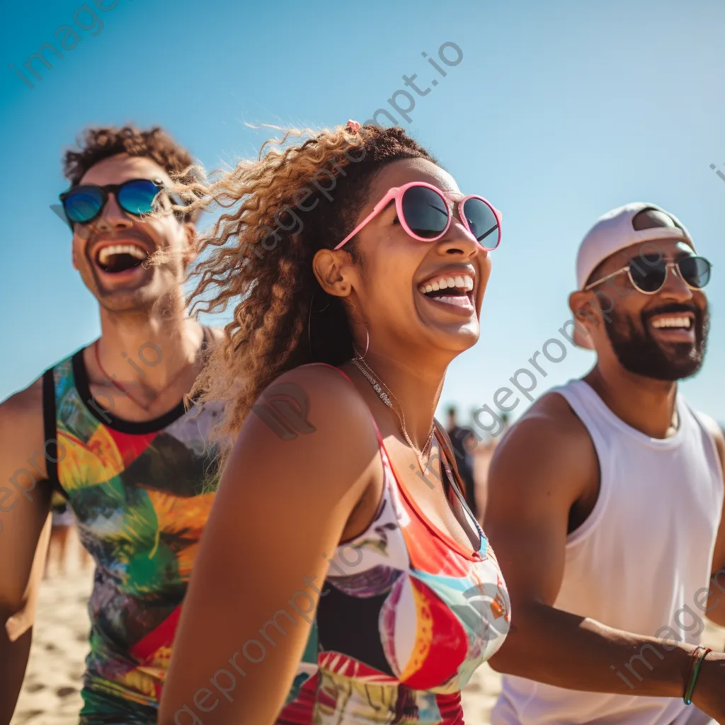 Diverse group of friends playing beach volleyball under the bright summer sun. - Image 2