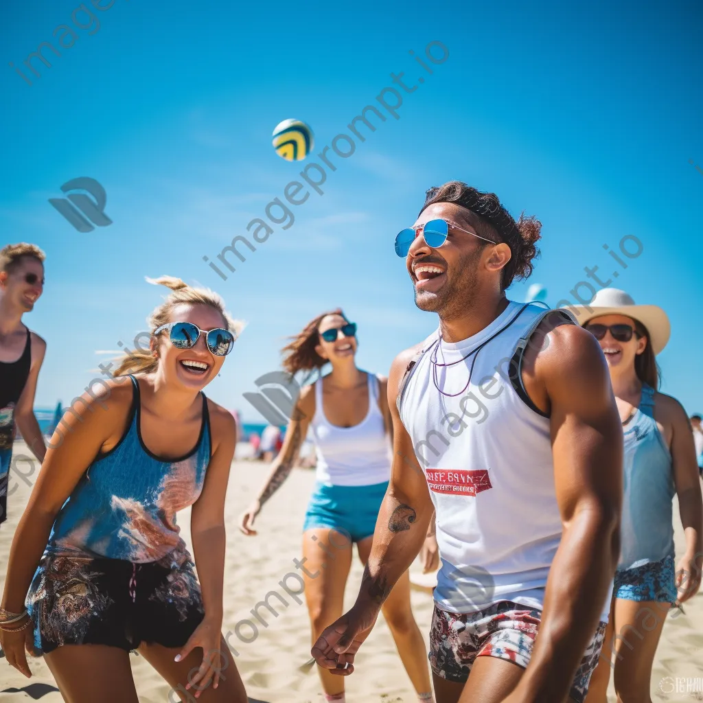 Diverse group of friends playing beach volleyball under the bright summer sun. - Image 3