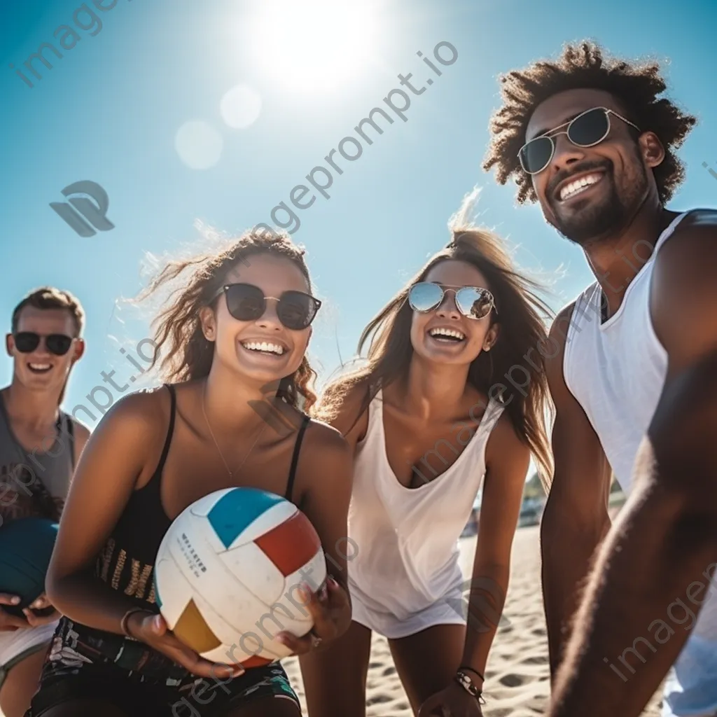 Diverse group of friends playing beach volleyball under the bright summer sun. - Image 4