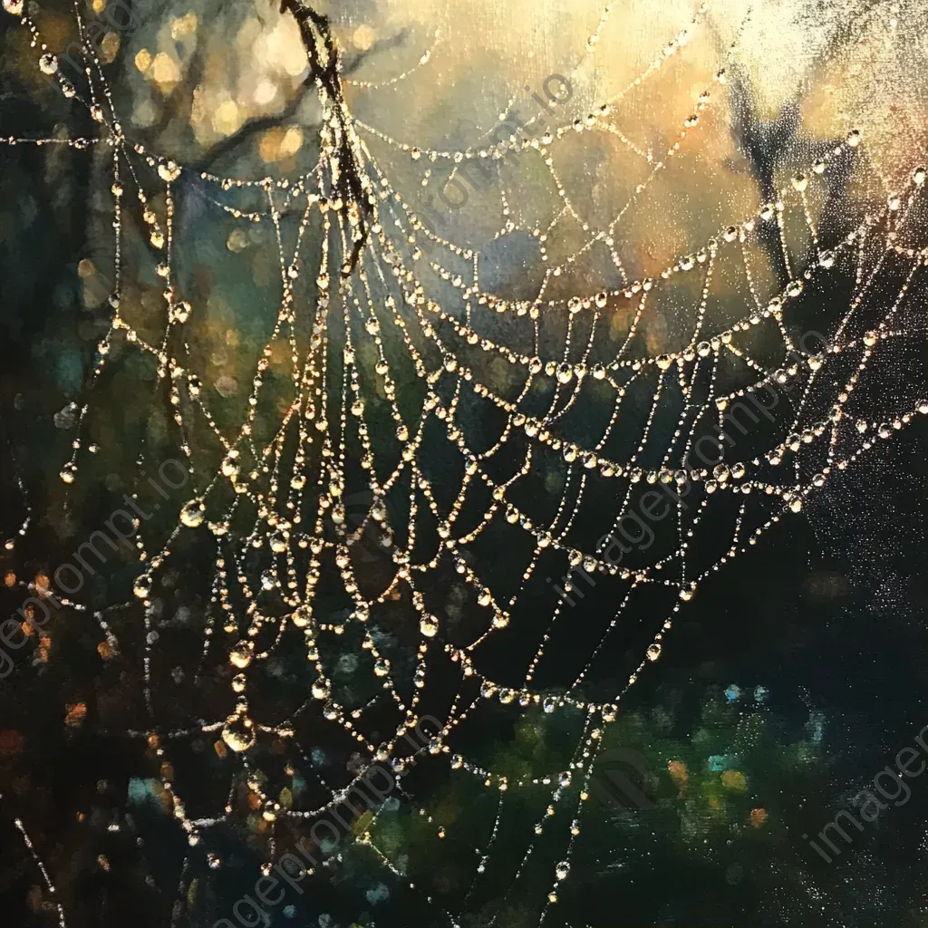 Dew-laden spider web in the Impressionist style highlighting detailed patterns - Image 1