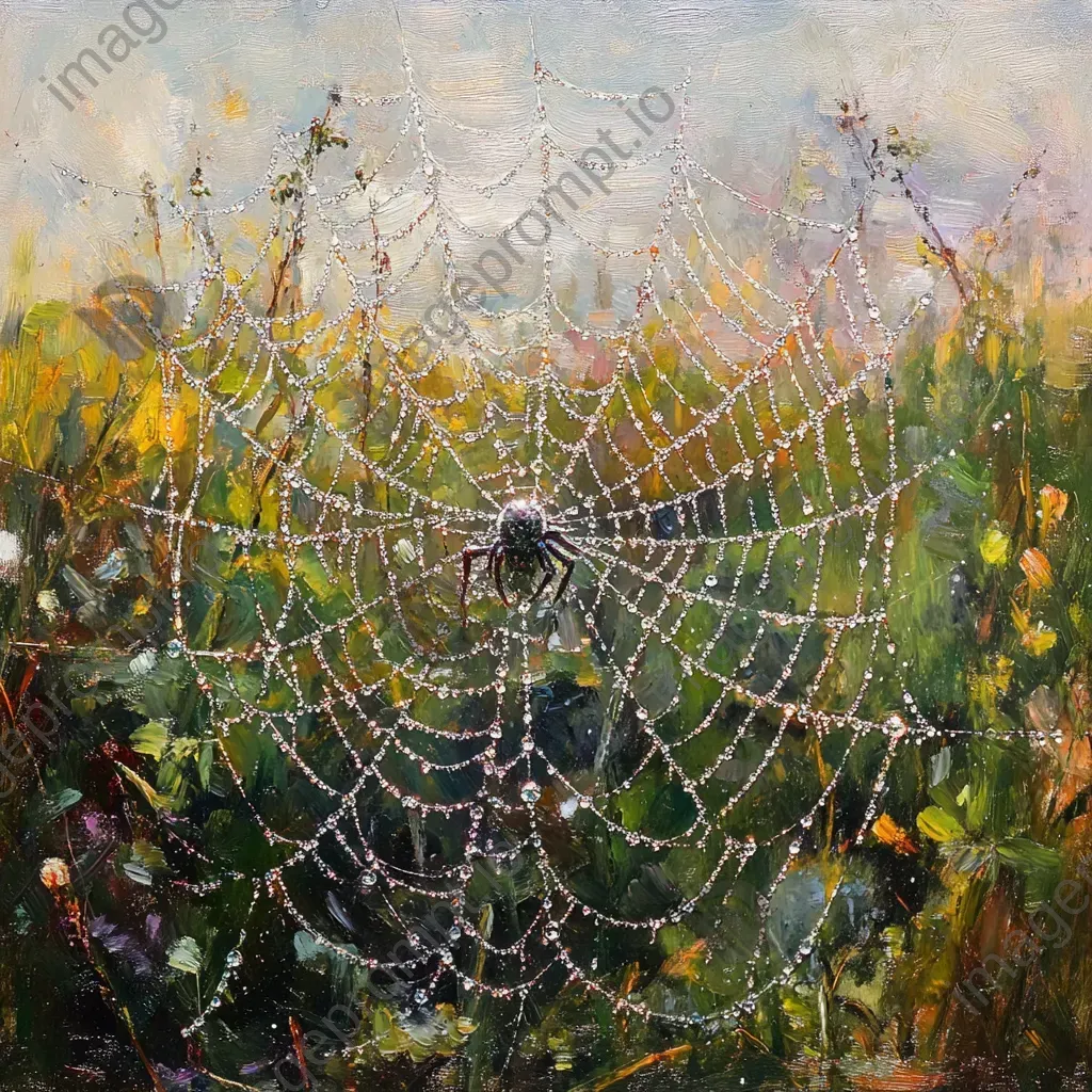 Dew-laden spider web in the Impressionist style highlighting detailed patterns - Image 2