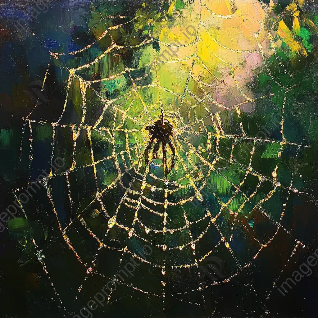 Dew-laden spider web in the Impressionist style highlighting detailed patterns - Image 3