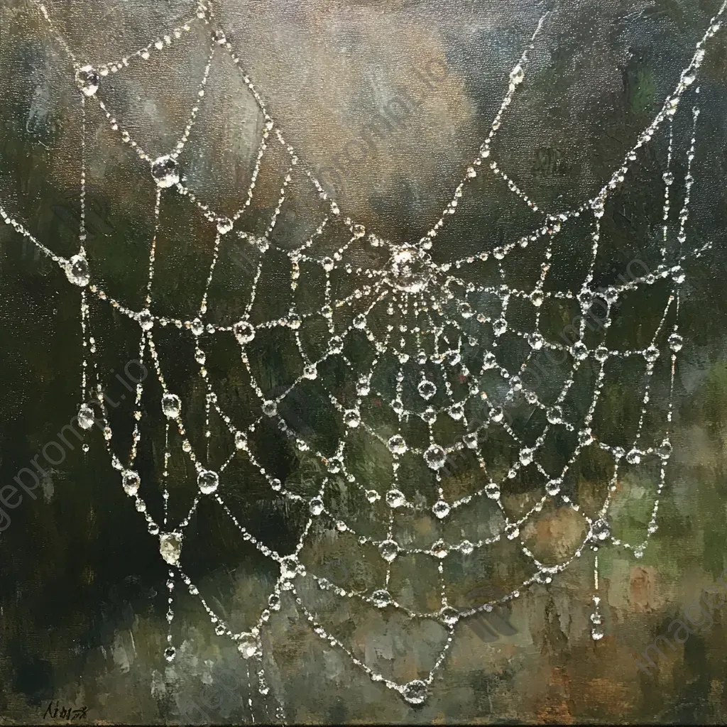 Dew-laden spider web in the Impressionist style highlighting detailed patterns - Image 4