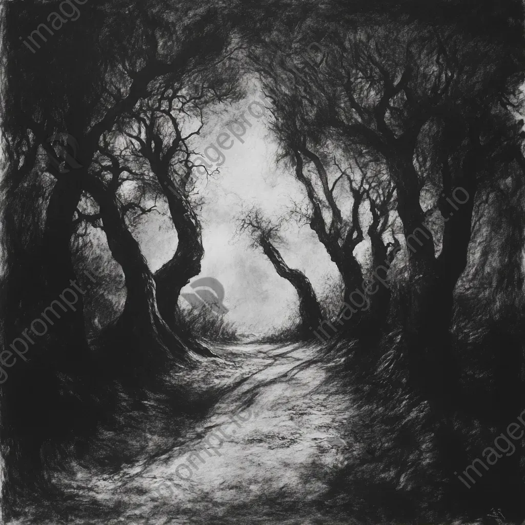 Charcoal-on-paper portrayal of a haunting path winding through an eerie orchard under ominous shadows - Image 1