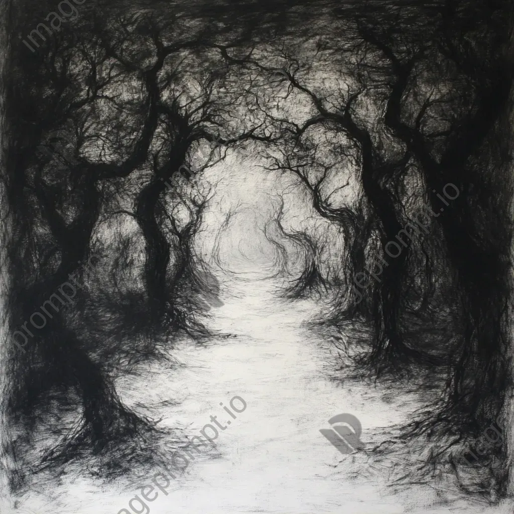 Charcoal-on-paper portrayal of a haunting path winding through an eerie orchard under ominous shadows - Image 2