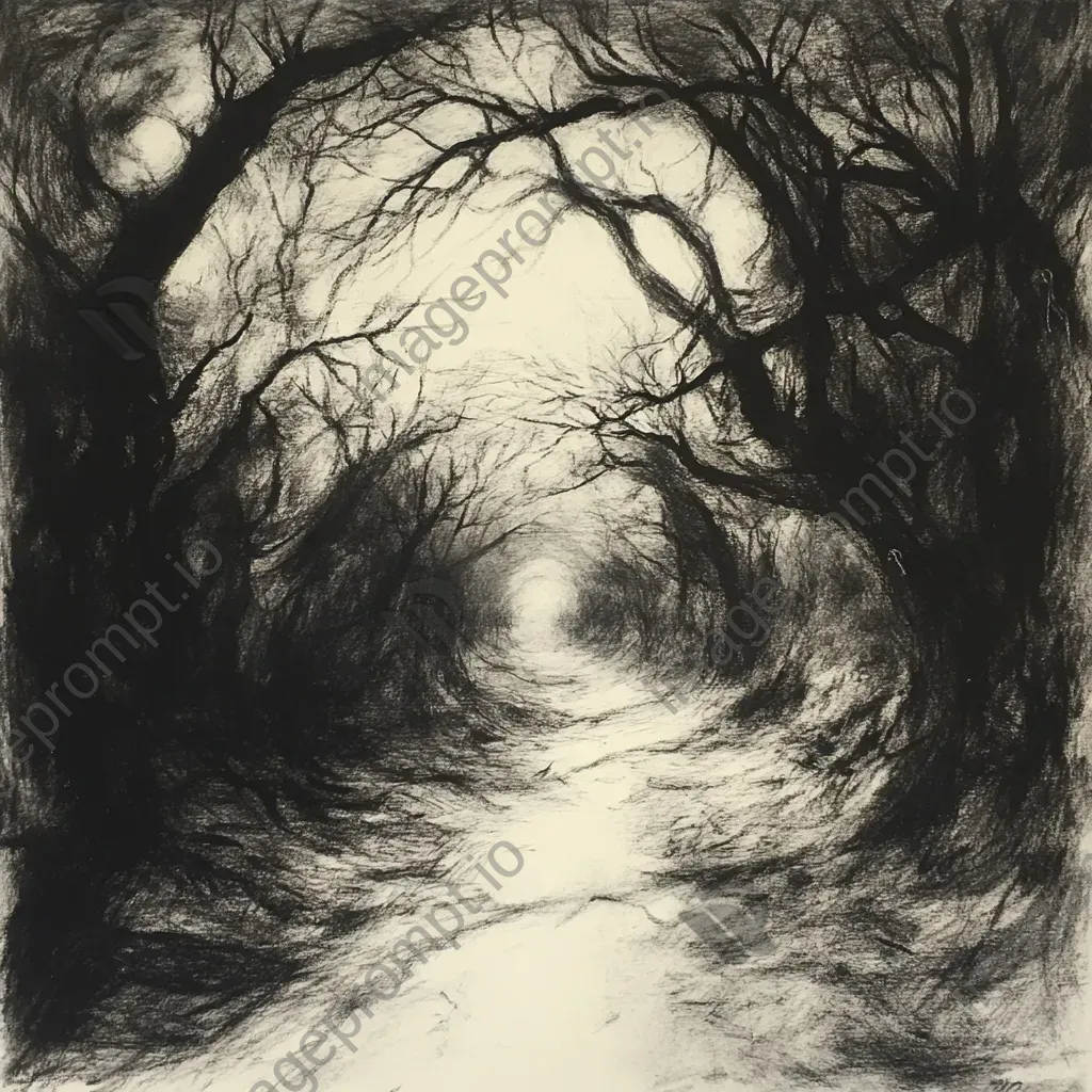 Charcoal-on-paper portrayal of a haunting path winding through an eerie orchard under ominous shadows - Image 4