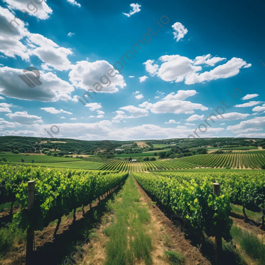 Expansive vineyard landscape with lush grapevines and blue sky. - Image 1