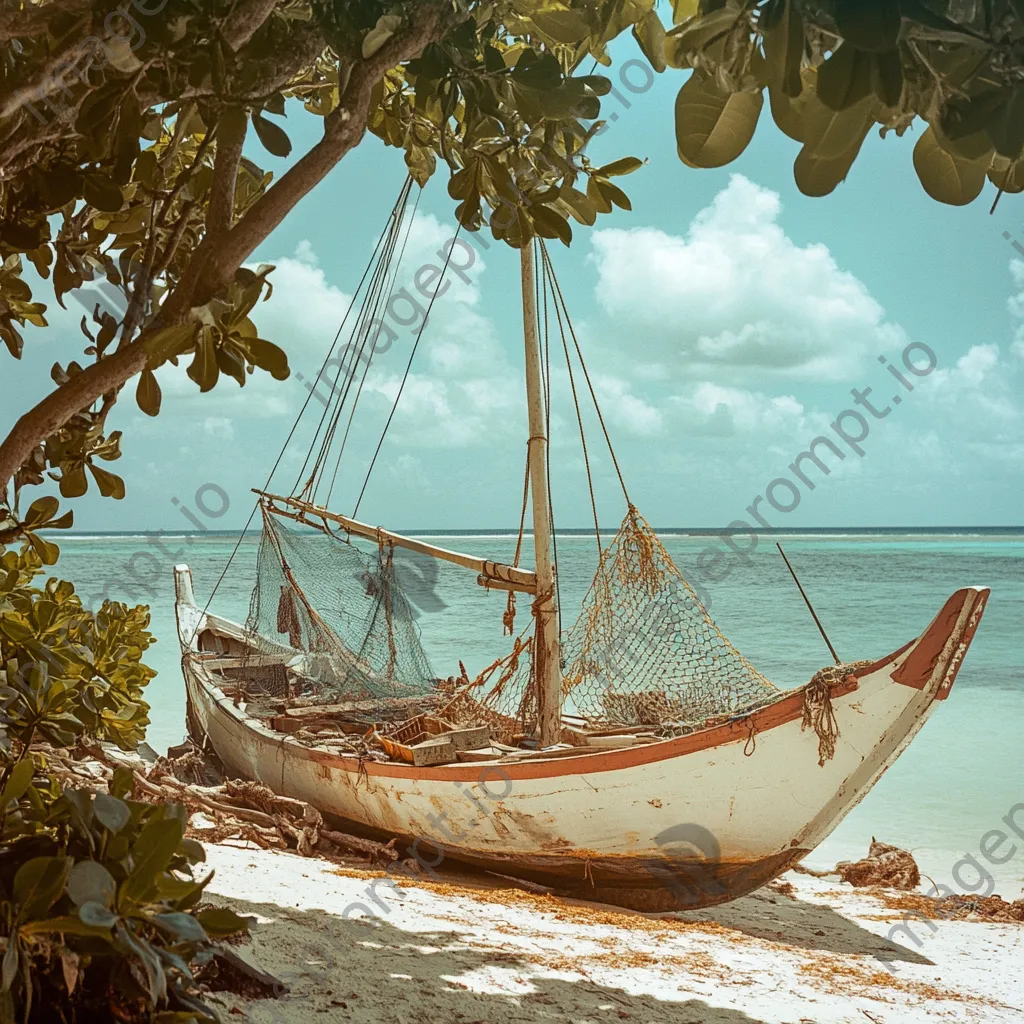 Traditional pearl diving boat on sandy beach - Image 1