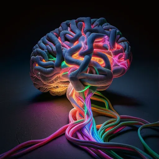 Image of a human brain made of intertwined USB cables glowing with multicolored lights - Image 1