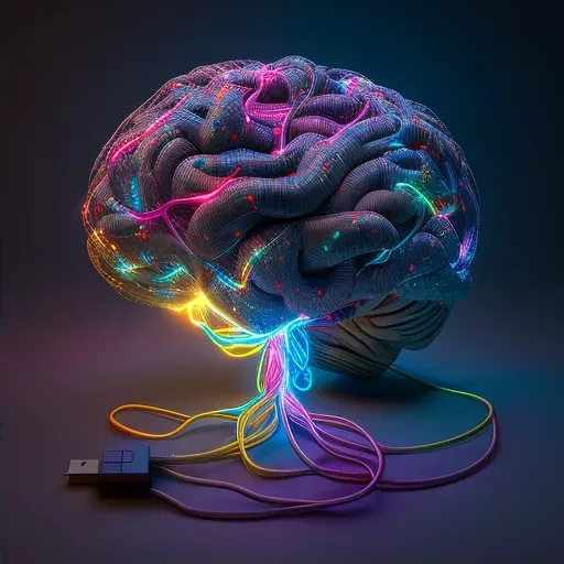 Image of a human brain made of intertwined USB cables glowing with multicolored lights - Image 2