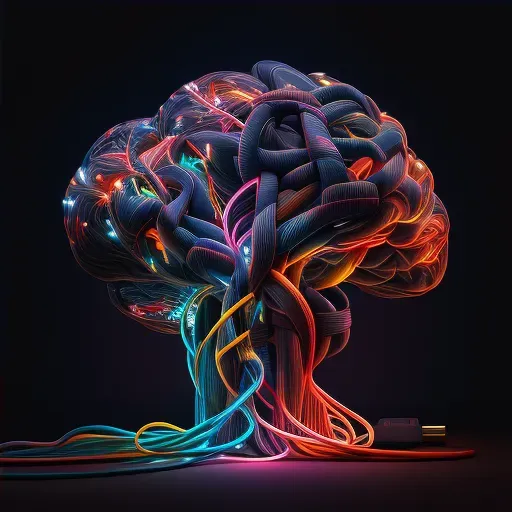 Image of a human brain made of intertwined USB cables glowing with multicolored lights - Image 4