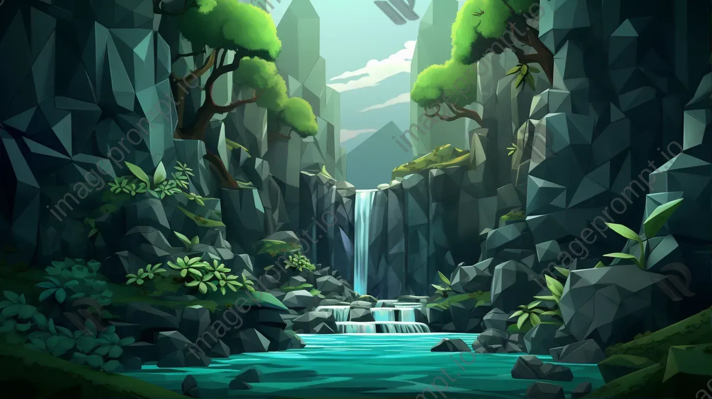 Brilliantly colored low poly hidden waterfall - Image 1