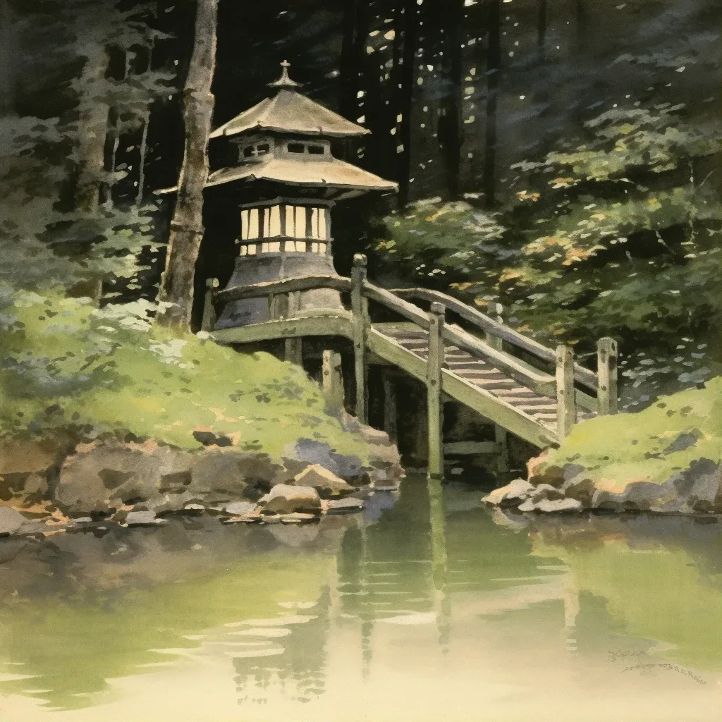 Moss garden with stone lantern and wooden bridge - Image 1