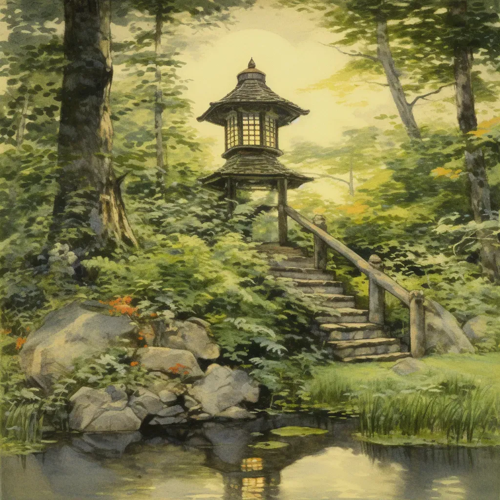 Moss garden with stone lantern and wooden bridge - Image 2