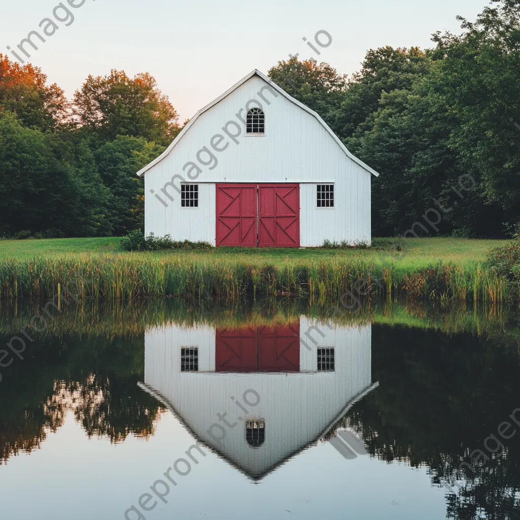 Classic white barn reflecting in pond at sunrise - Image 1