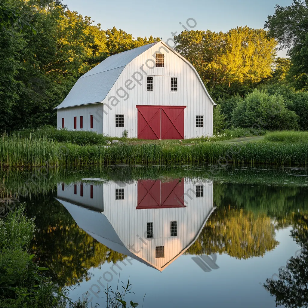 Classic white barn reflecting in pond at sunrise - Image 2