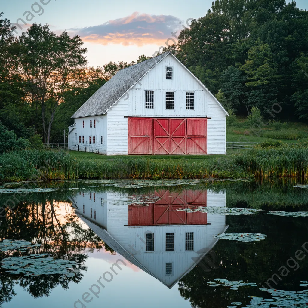 Classic white barn reflecting in pond at sunrise - Image 3