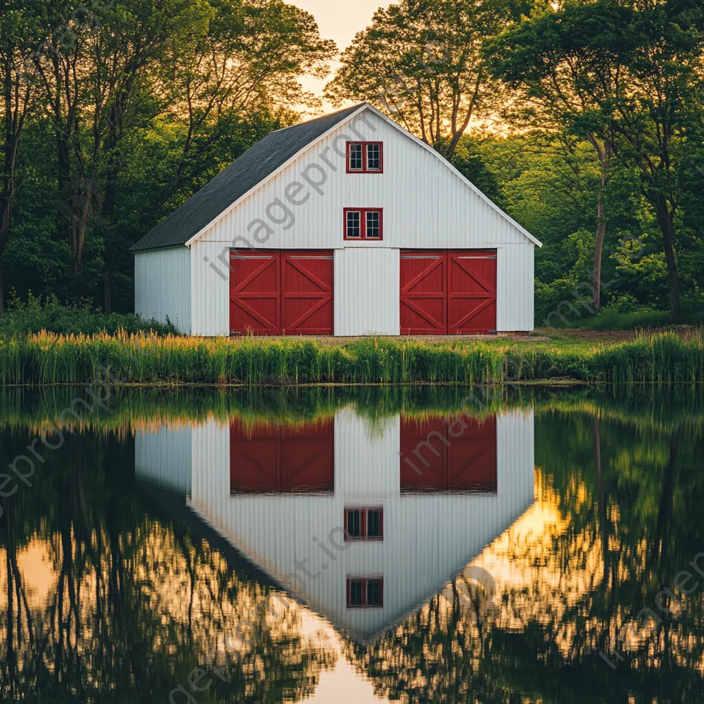 Classic white barn reflecting in pond at sunrise - Image 4