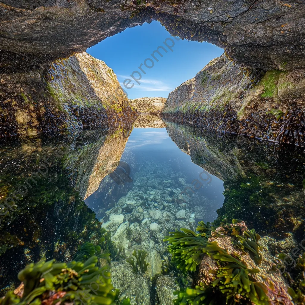 Rock pool reflecting blue sky surrounded by green seaweed - Image 1