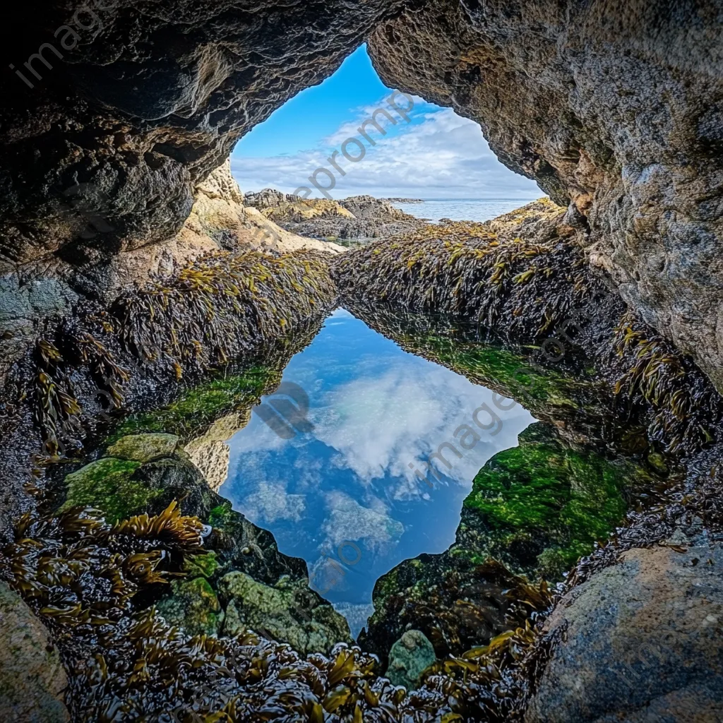 Rock pool reflecting blue sky surrounded by green seaweed - Image 3