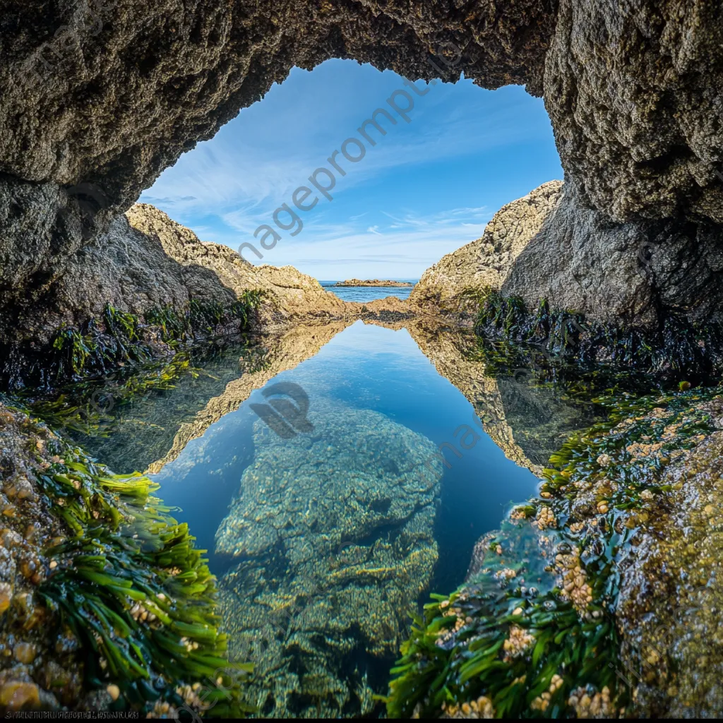 Rock pool reflecting blue sky surrounded by green seaweed - Image 4