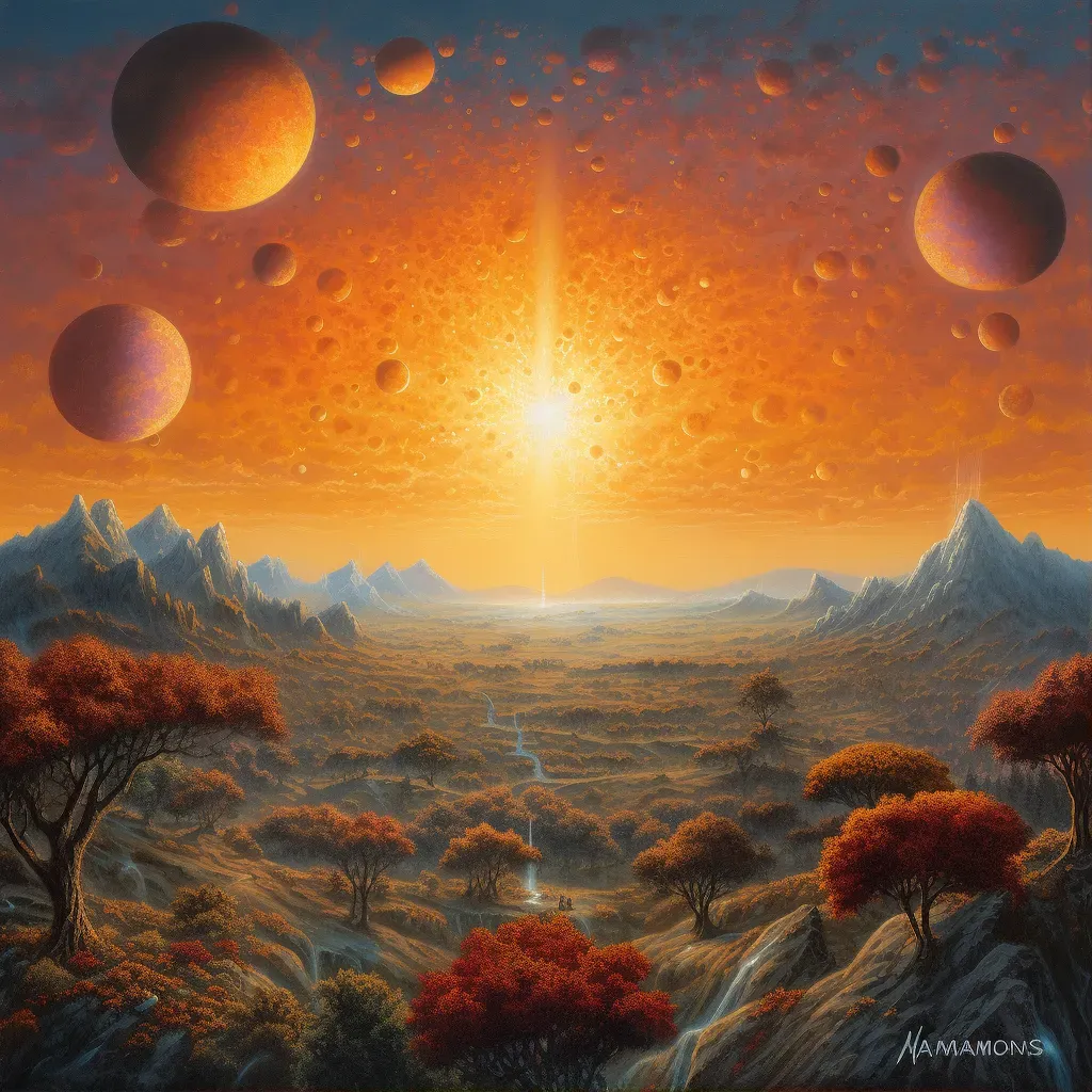 Image showing a cosmic sunrise over a distant planet with shades of oranges and yellows illuminating the horizon - Image 1