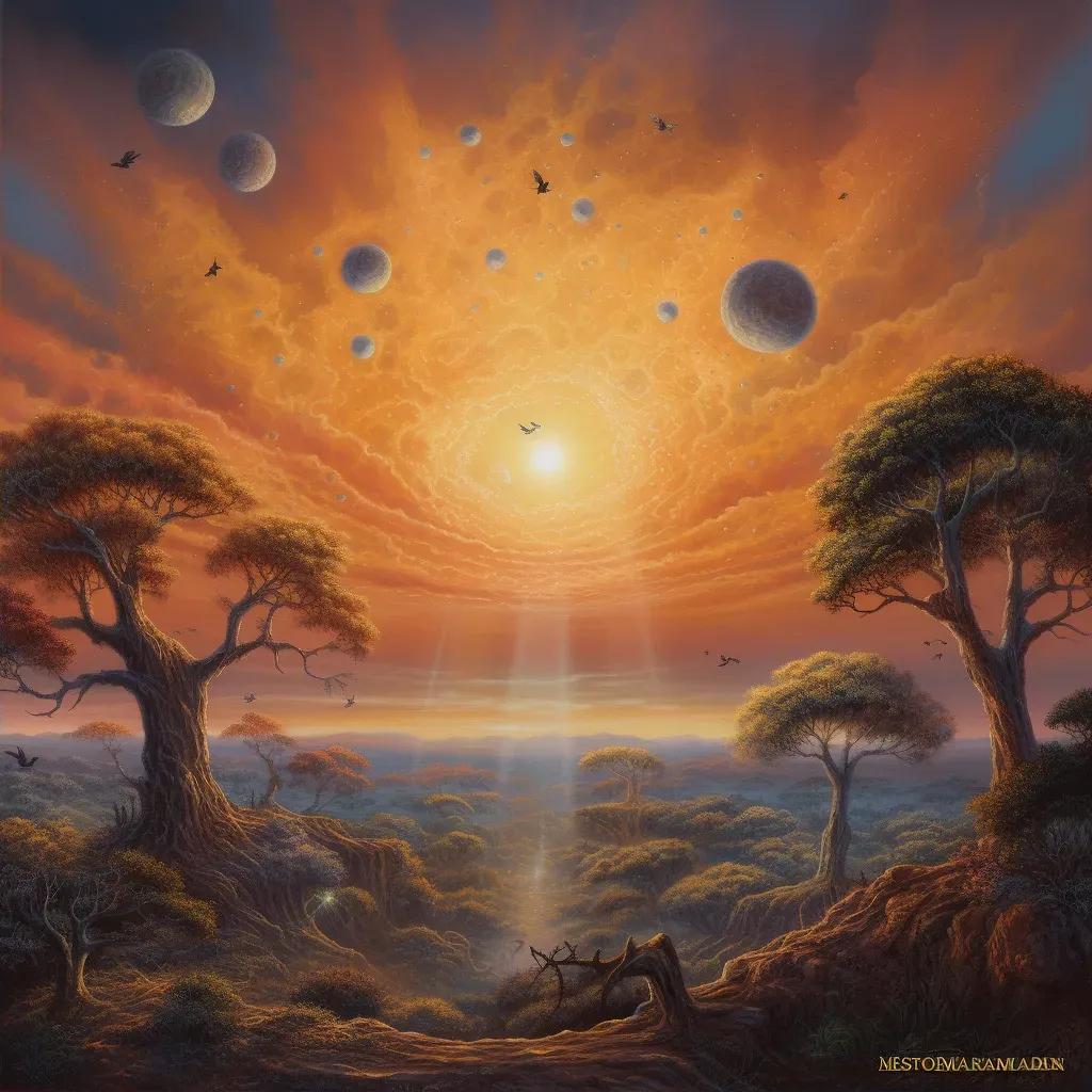 Image showing a cosmic sunrise over a distant planet with shades of oranges and yellows illuminating the horizon - Image 2