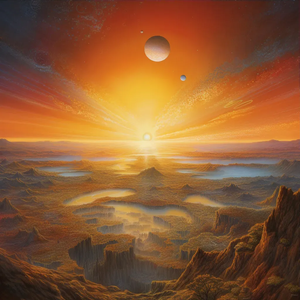 Image showing a cosmic sunrise over a distant planet with shades of oranges and yellows illuminating the horizon - Image 3