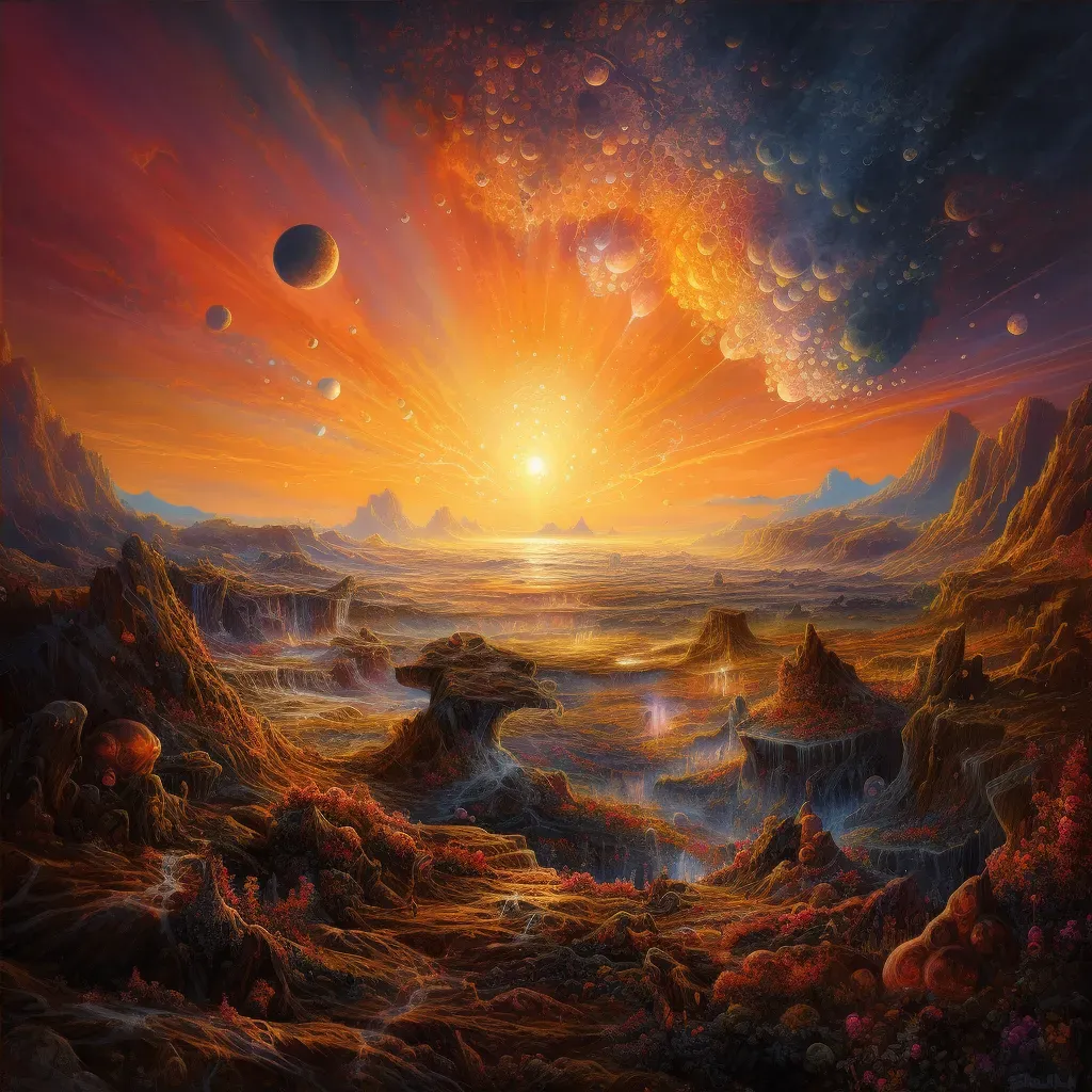 Image showing a cosmic sunrise over a distant planet with shades of oranges and yellows illuminating the horizon - Image 4