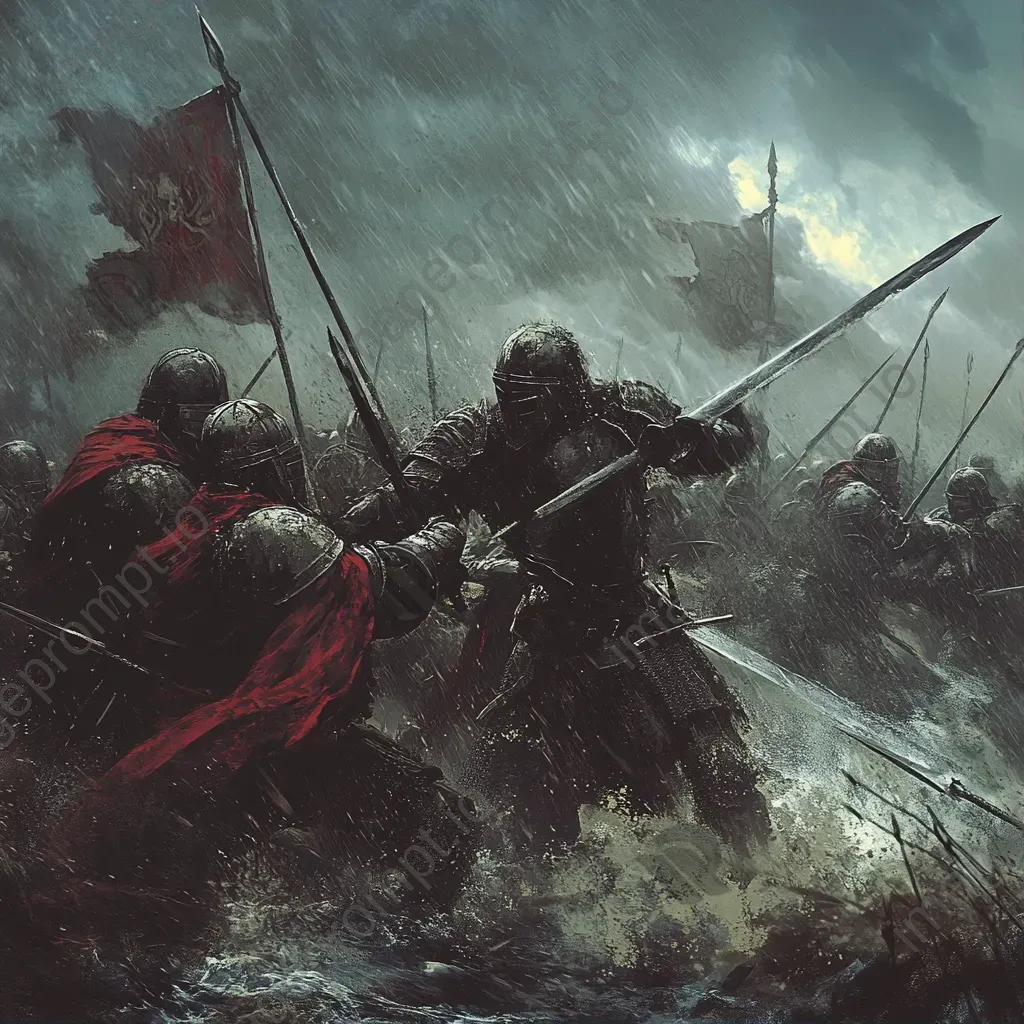 Epic medieval battle artwork in chiaroscuro style - Image 1