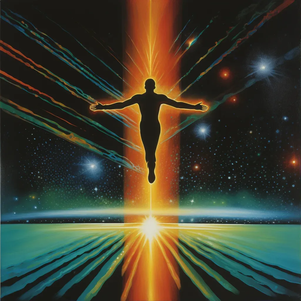 Figure floating above Earth reaching towards the cosmos - Image 1