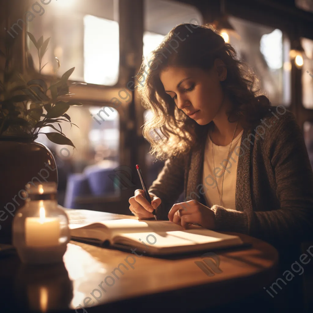 Woman writing goals in a notebook in a stylish café with cozy lighting. - Image 1